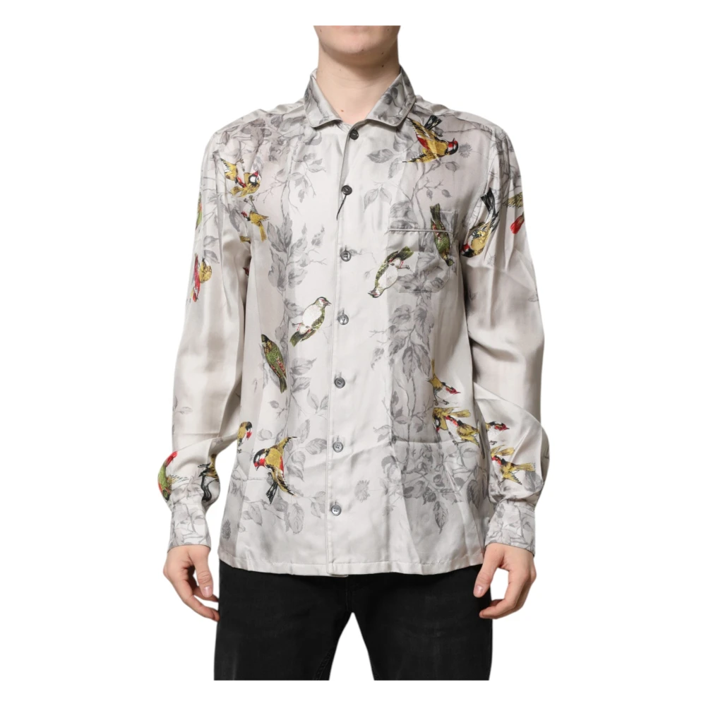 Dolce & Gabbana Men's Gray Silk Printed Button Down Shirt