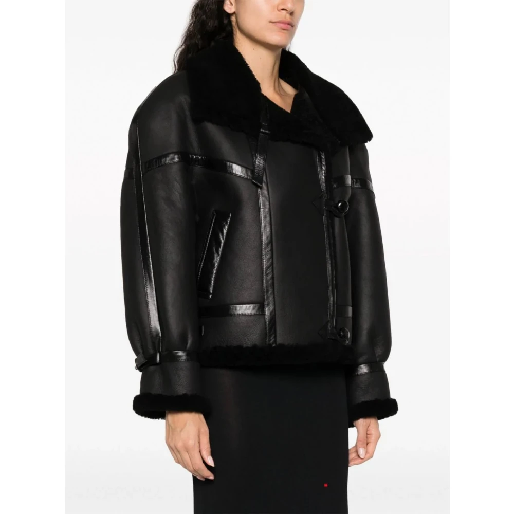 Saint Laurent Shearling-gevoerde leren pilotenjas Black Dames