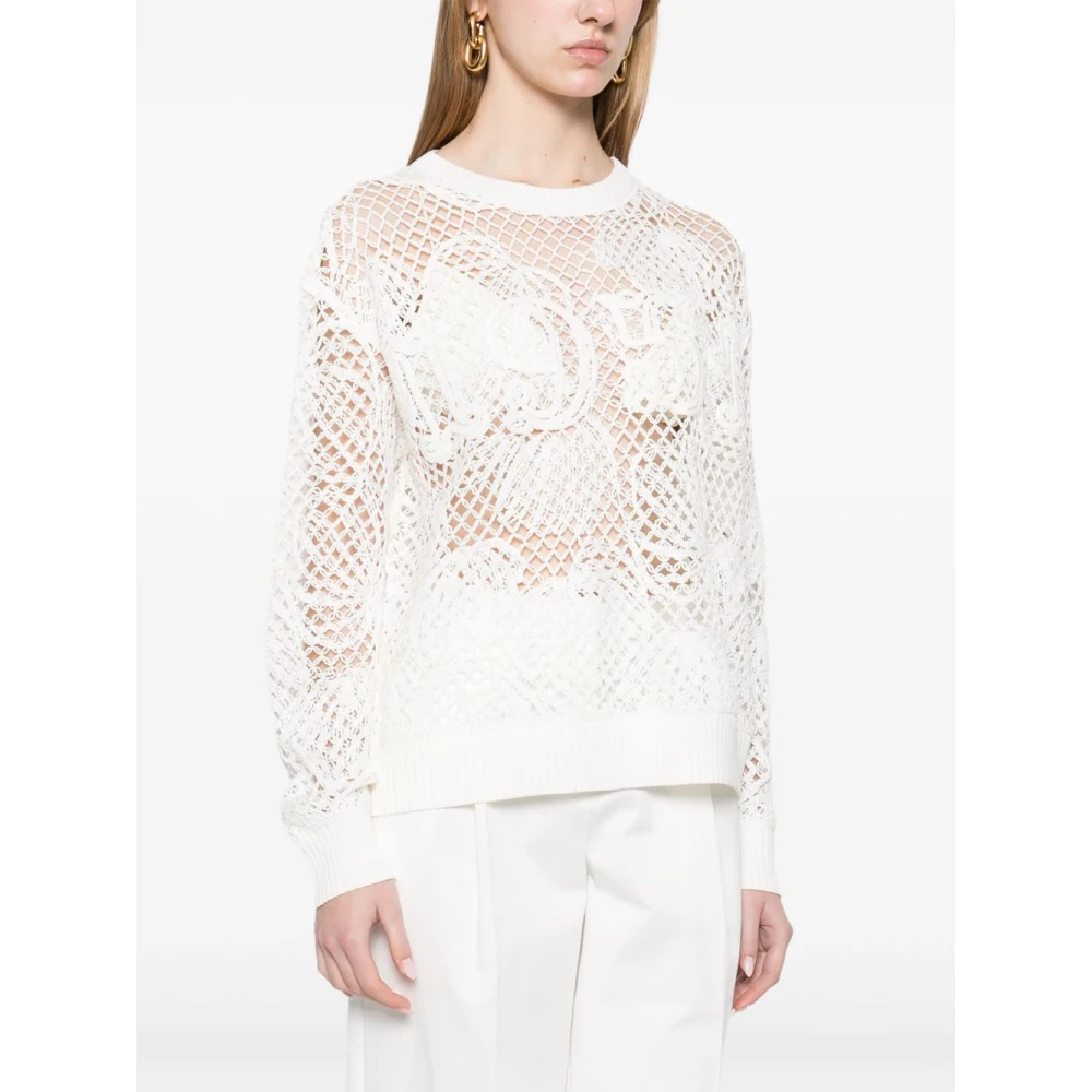 Max Mara Witte Geribbelde Trui Ronde Hals Lange Mouwen White Dames