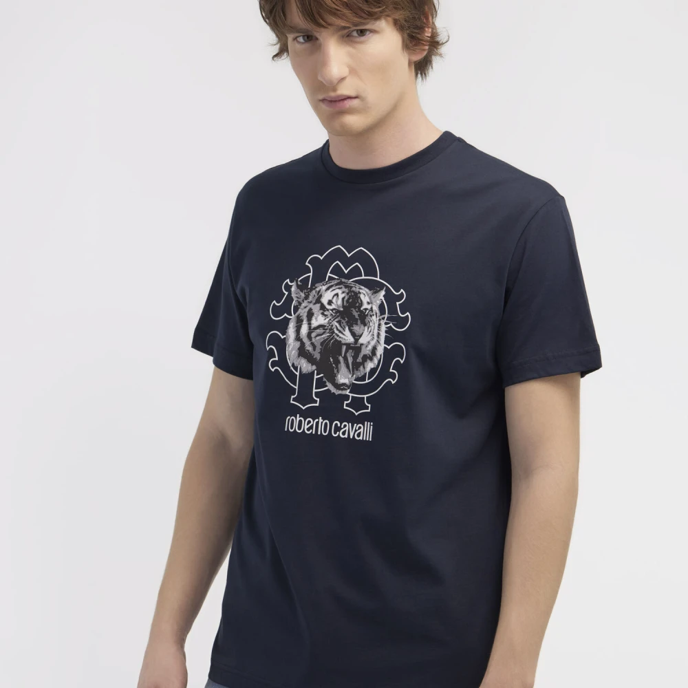 Roberto Cavalli T-shirt met Jaguar-logo en print Blue Heren