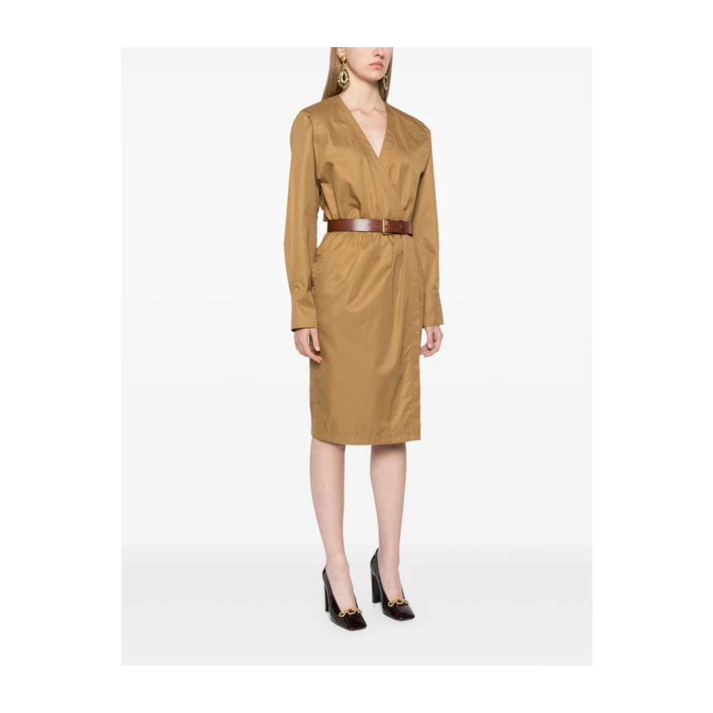 Saint Laurent Kameel Katoenen Twill Midi Jurk Brown Dames