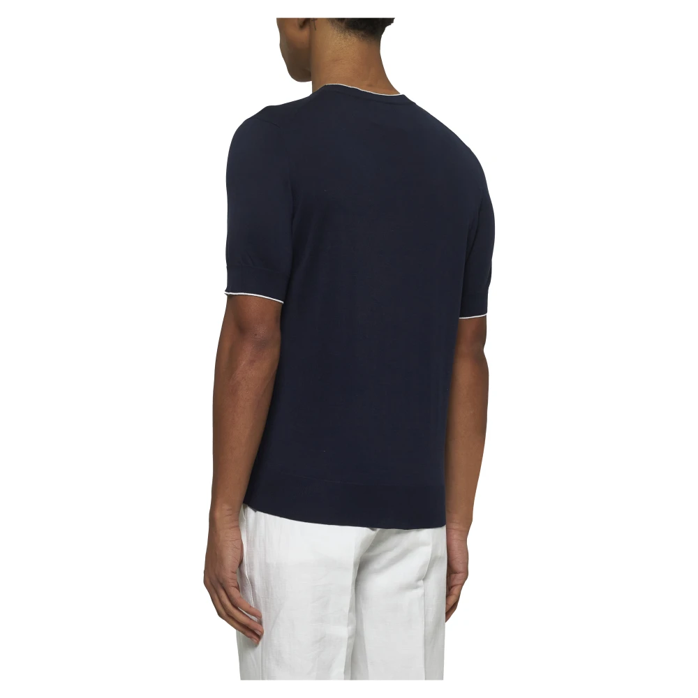 BRUNELLO CUCINELLI Blauwe Sweater met Ronde Hals en Korte Mouwen Blue Heren