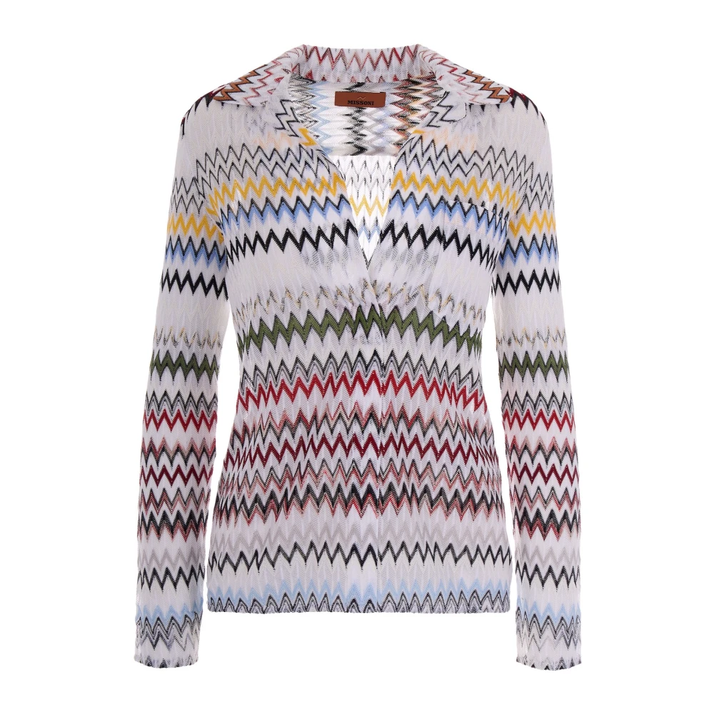 Missoni Women's Multicolor V-Neck Knitwear, S, Zigzag Cotton And Viscose Blouse