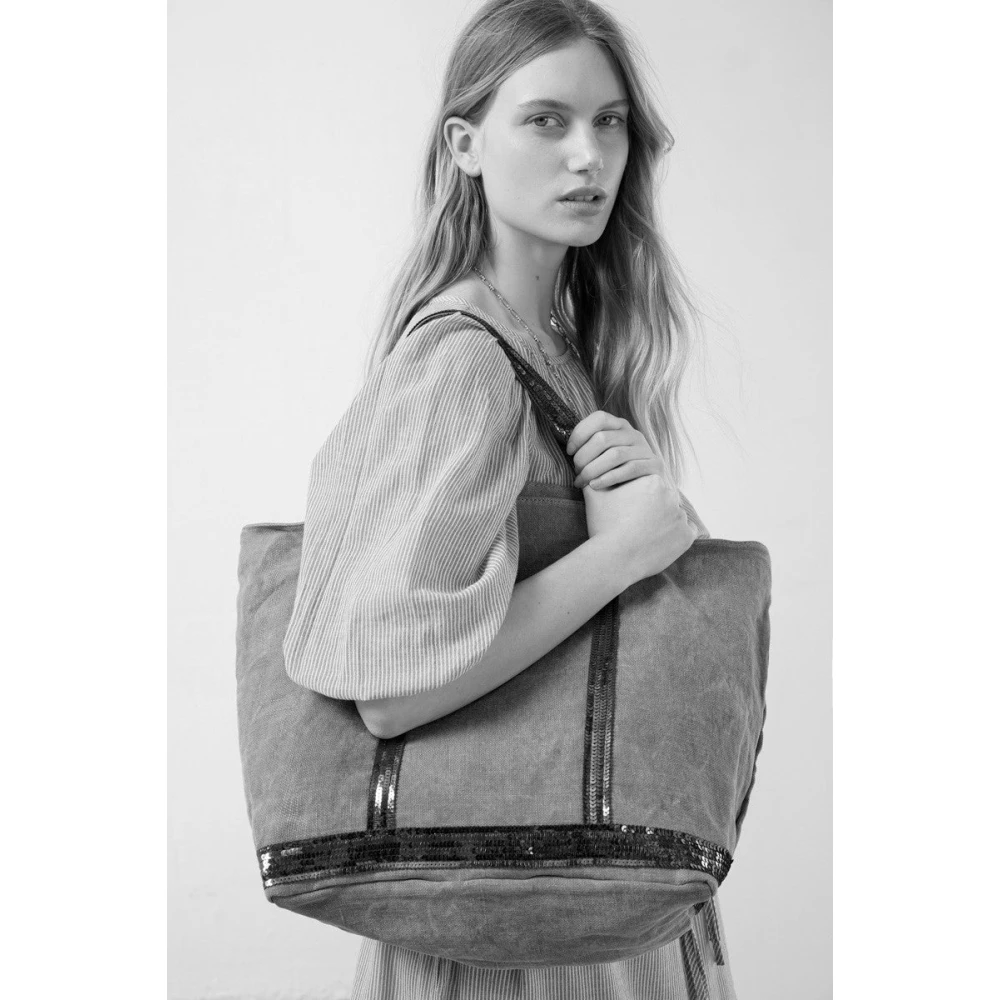 Vanessa Bruno Zwarte Pailletten Linnen Shopper Black Dames