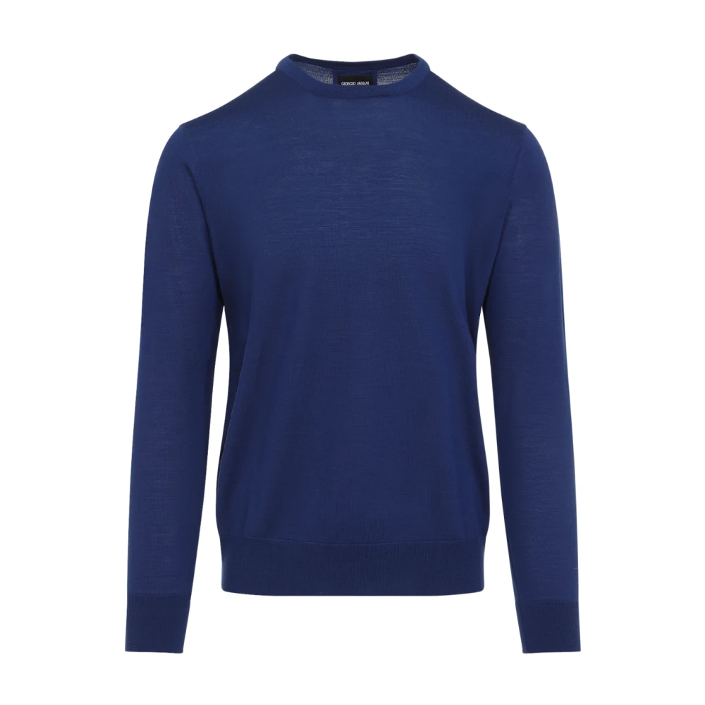 Giorgio Armani Men's Blue Virgin Wool Crew Neck Jumper - Round-Neck Knitwear - S - Knitwear