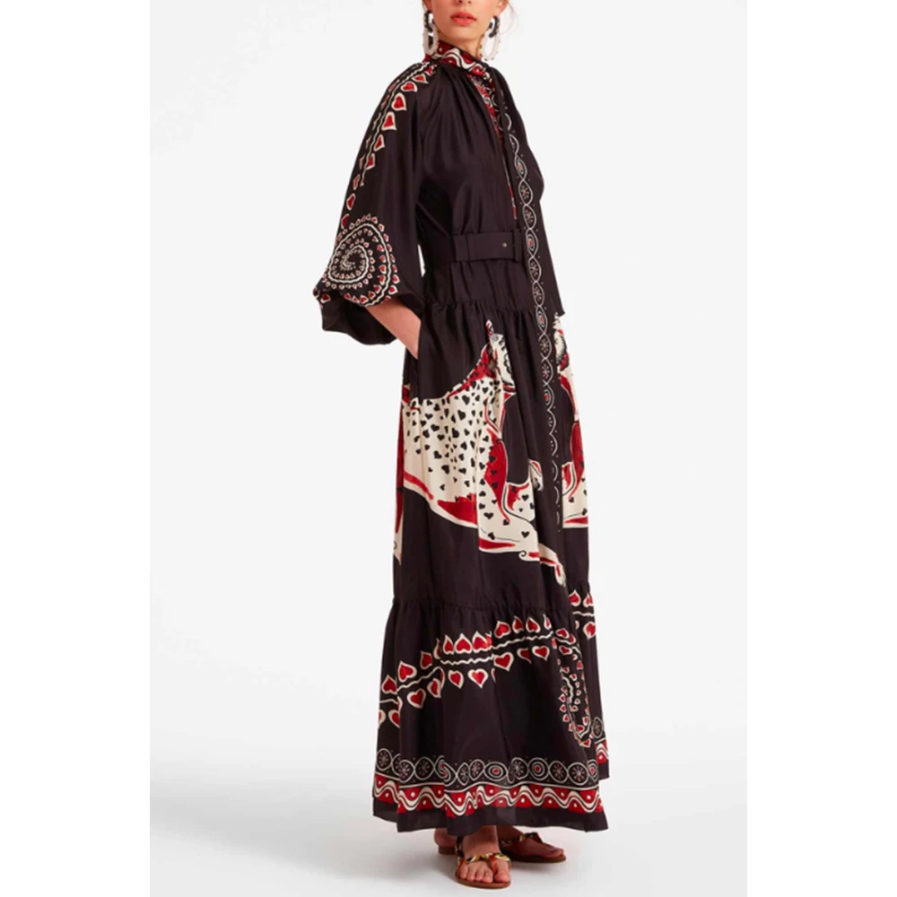 La DoubleJ Zwarte Jurk met Handgemaakt Patroon Multicolor Dames