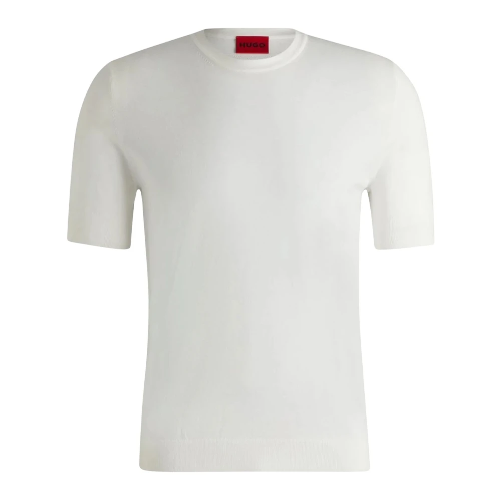 Hugo Men's White Round-Neck Knitwear, M, Viscose-Blend Jumper