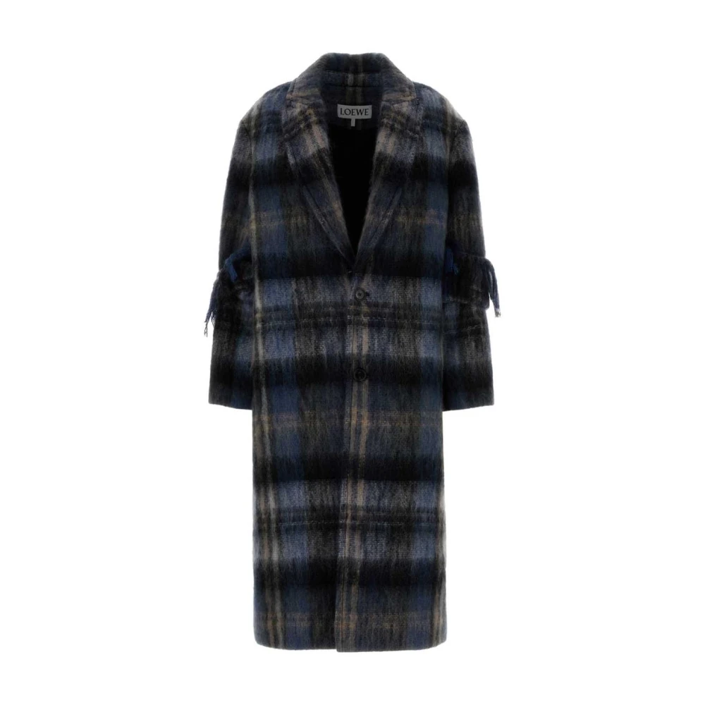 Loewe Multicolor Single-Breasted Coats, Female, Xs, Plaid Textured Longline Coat With Fringe Sleeve Detail