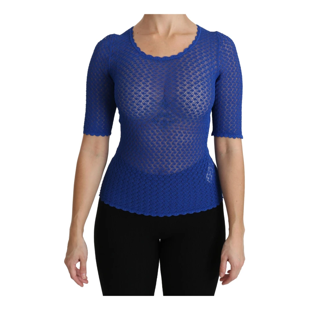 Dolce & Gabbana Women's Blue See Through Round Neck Top Viscose Blouse