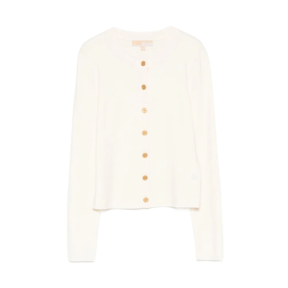 Michael Kors Beige Ribbed Gold-Button Cardigan - Female - Cardigans - L - Knitwear