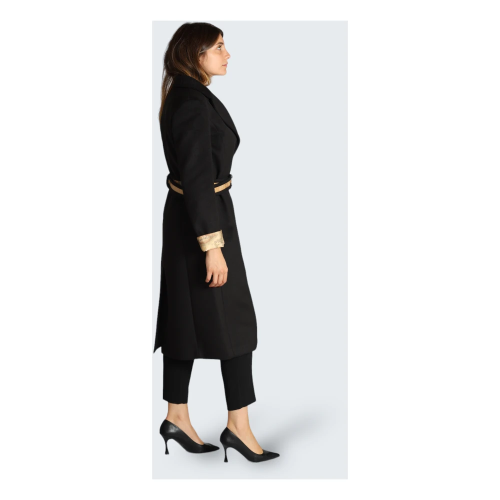Alviero Martini 1a Classe Zwarte Velours Lange Jas met Geo Classic Riem Black Dames