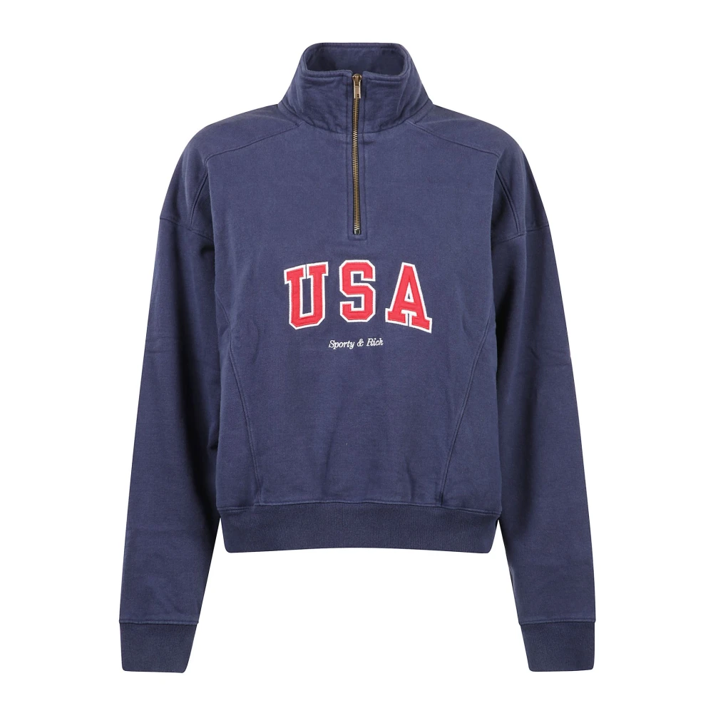 Sporty & Rich USA Quarter Zip Katoenen Sweatshirt Blue Dames