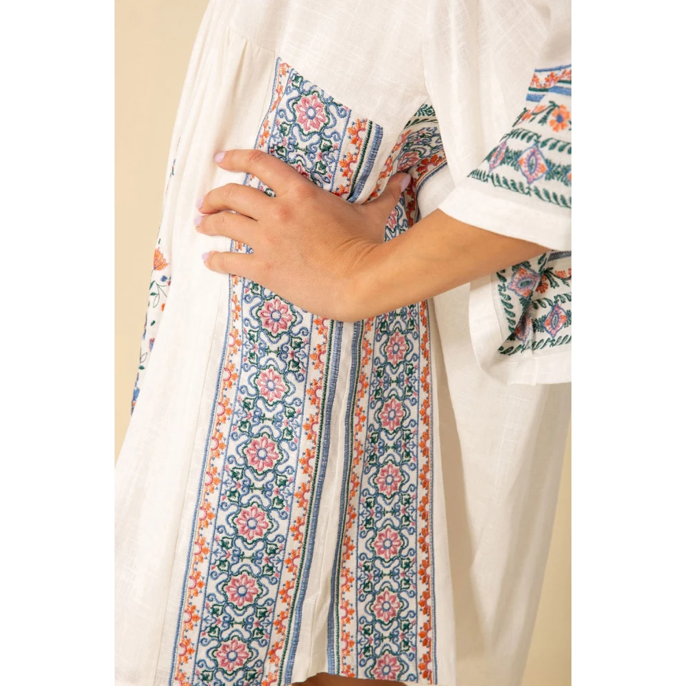 Hale Bob Geborduurde Slub-Voile Jurk met Kimono Mouwen White Dames