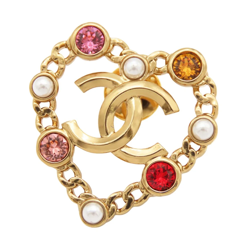 Chanel Vintage Donna Giallo - Spilla Pre-Owned A Forma Di Cuore Cc Con Perle E Cristalli - Pre-Owned - One Size