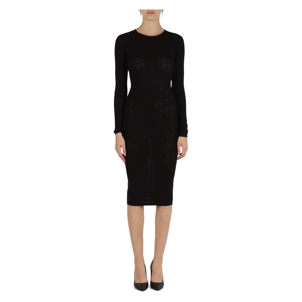 Elisabetta Franchi Viscose Midi Jurk met Logo Motief Black Dames