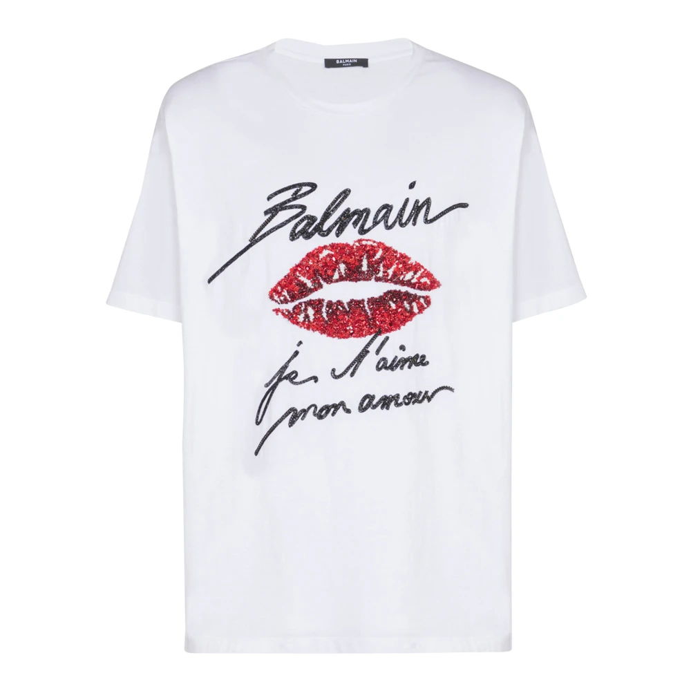 Balmain Geborduurd T-shirt met 'Love Letter' en lippen White Heren