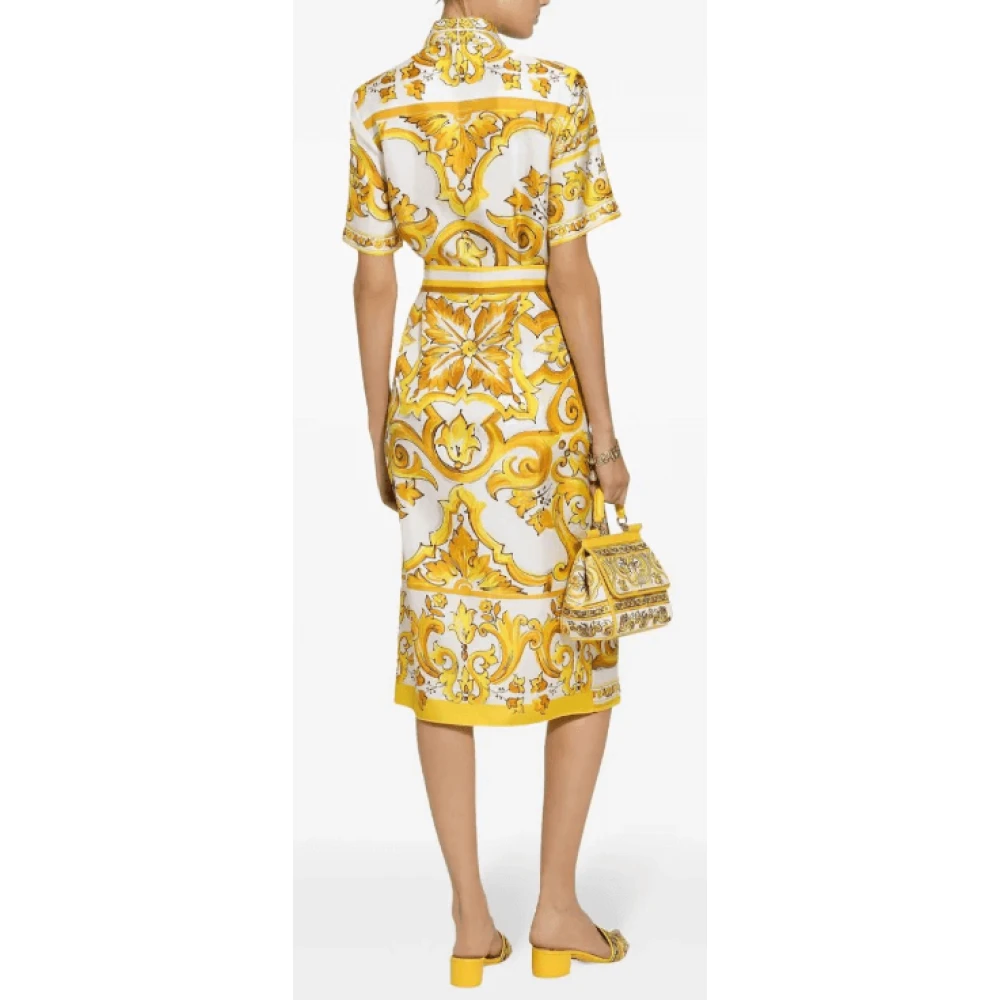 Dolce & Gabbana Majolica Print Zijden Midi Jurk Yellow Dames