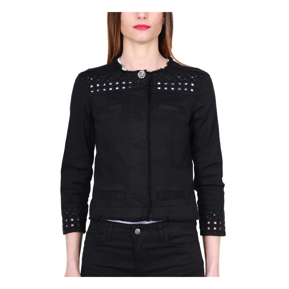 Liu Jo Zwarte Katoenen Gabardine Jas Kant Black Dames