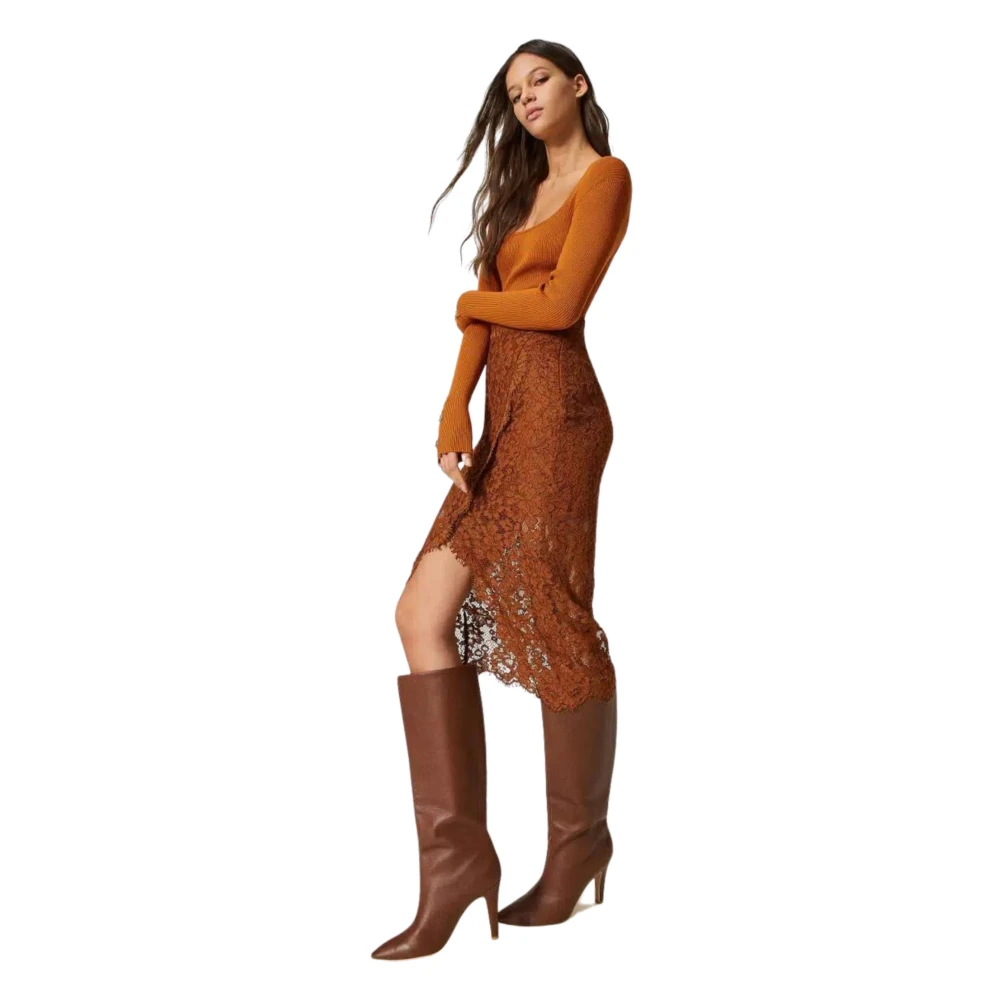 Twinset Bruine Kanten Midi Rok Brown Dames