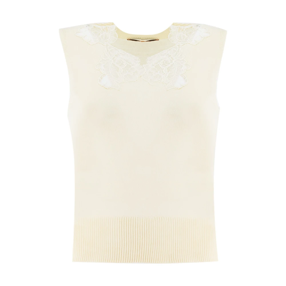 Ermanno Scervino Elegant Blommig Spets Ribbad Nederkant Topp White, Dam