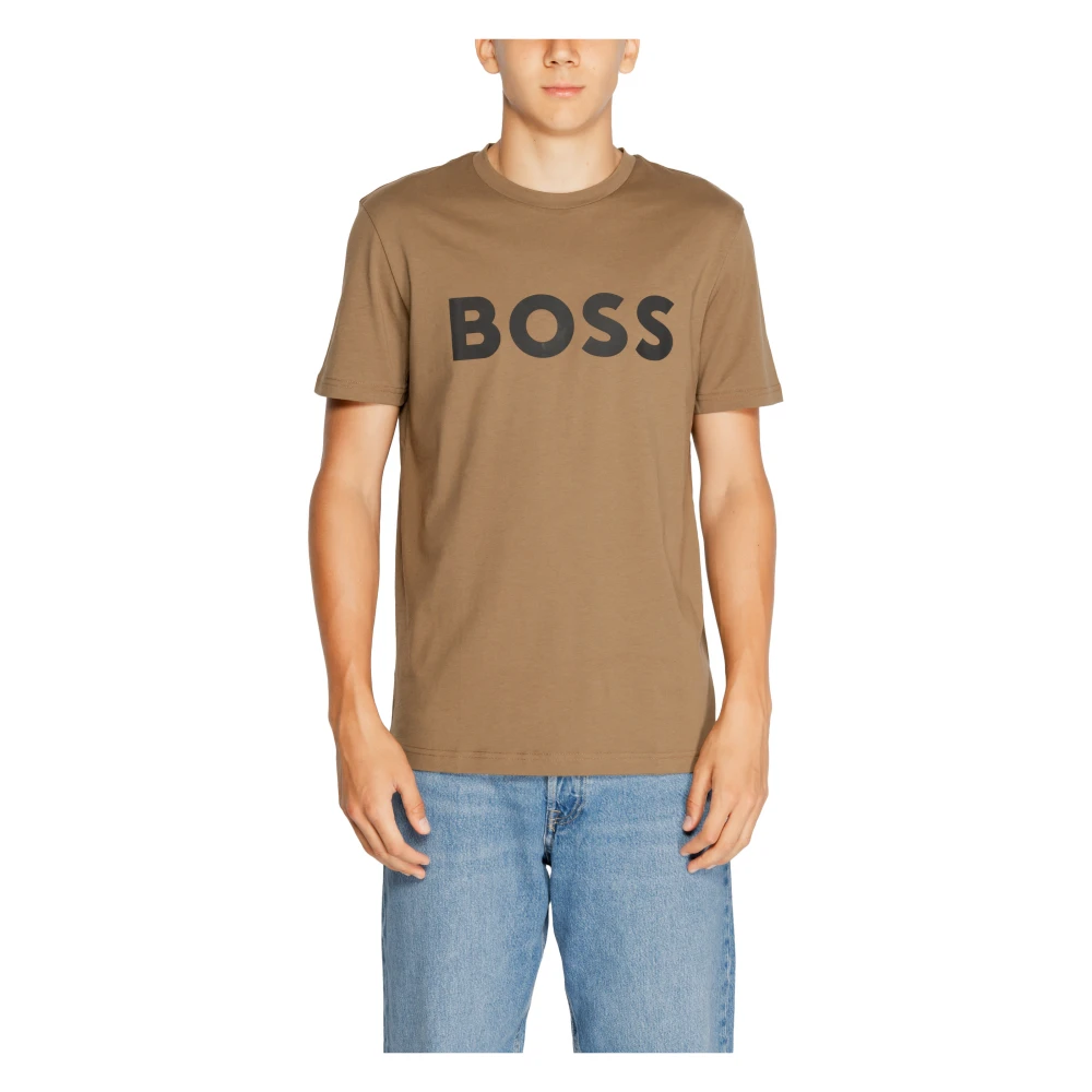 Boss Bedrukt katoenen T-shirt met ronde hals Brown Heren