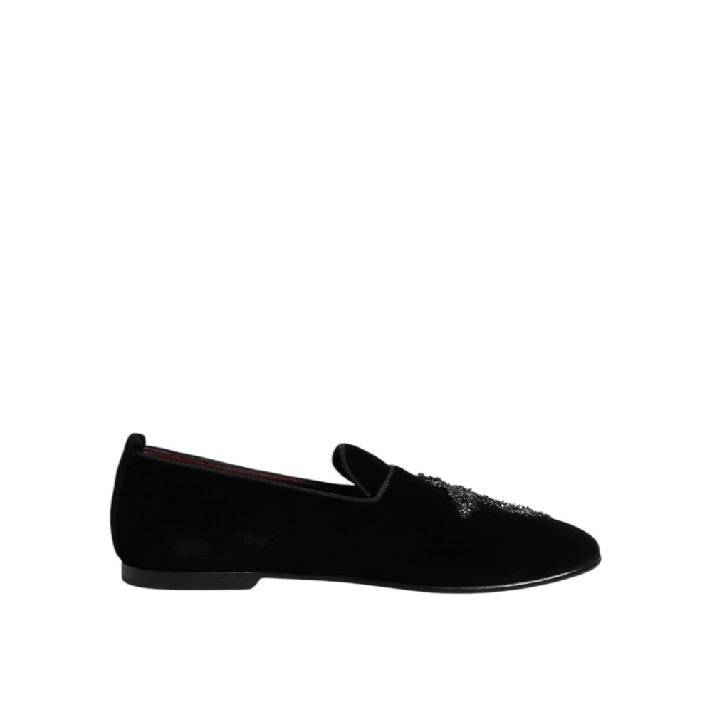 Dolce & Gabbana Men's Black Loafers, 9 Uk, Crystal Embellished Velvet Loafer Shoes
