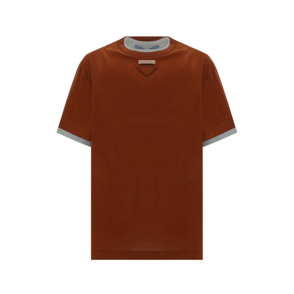 Prada Iconisch Driehoekig Logo Katoenen T-Shirt Brown Dames