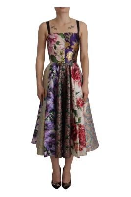 Blommig Jacquard Siden Midi Klänning