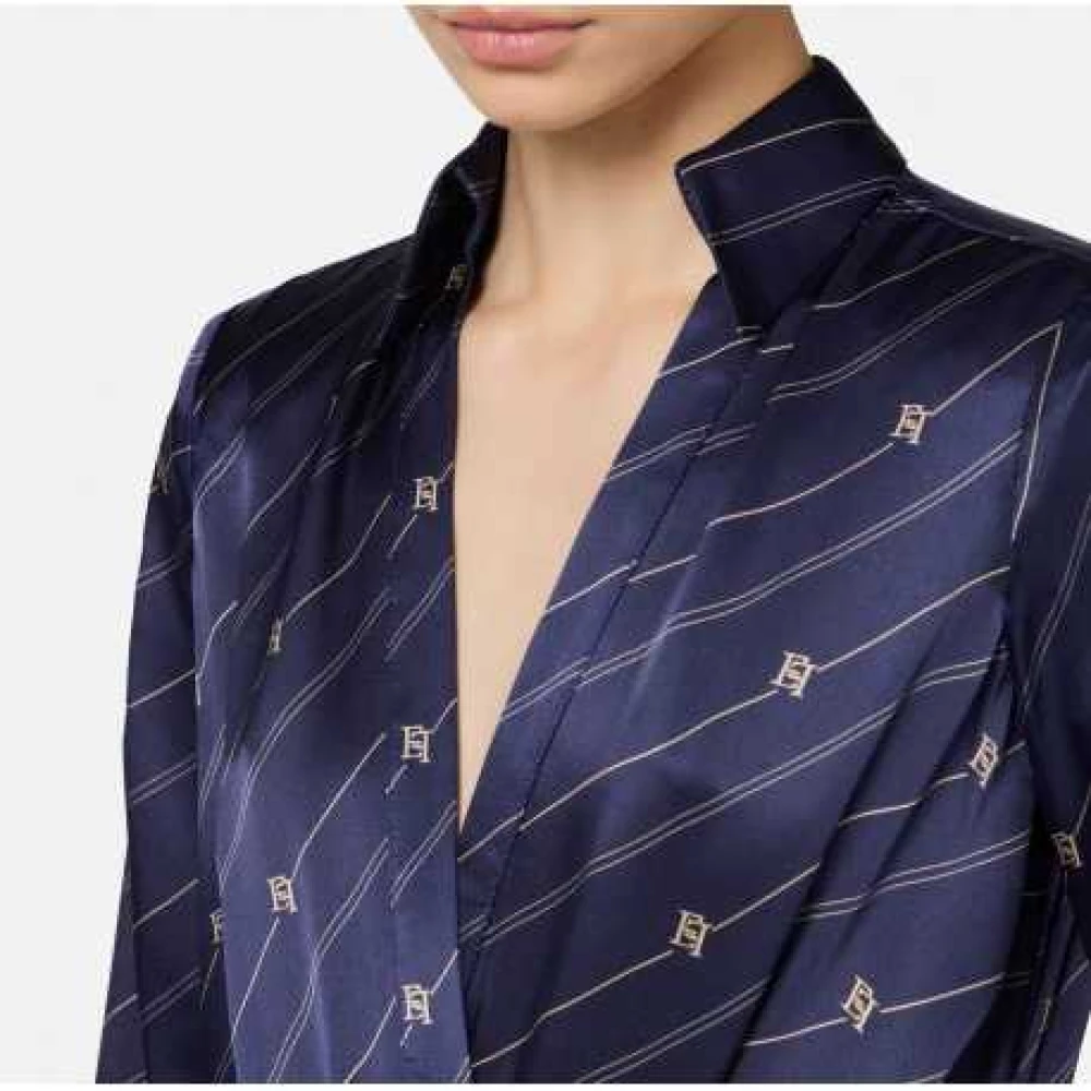 Elisabetta Franchi Navy Gestreepte Zijden Bodysuit Blouse Blue Dames