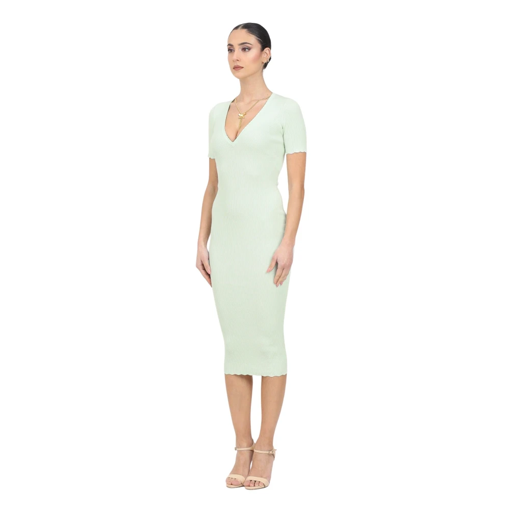 Elisabetta Franchi Mintgroene Midi Jurk Geribbelde V-Hals Green Dames