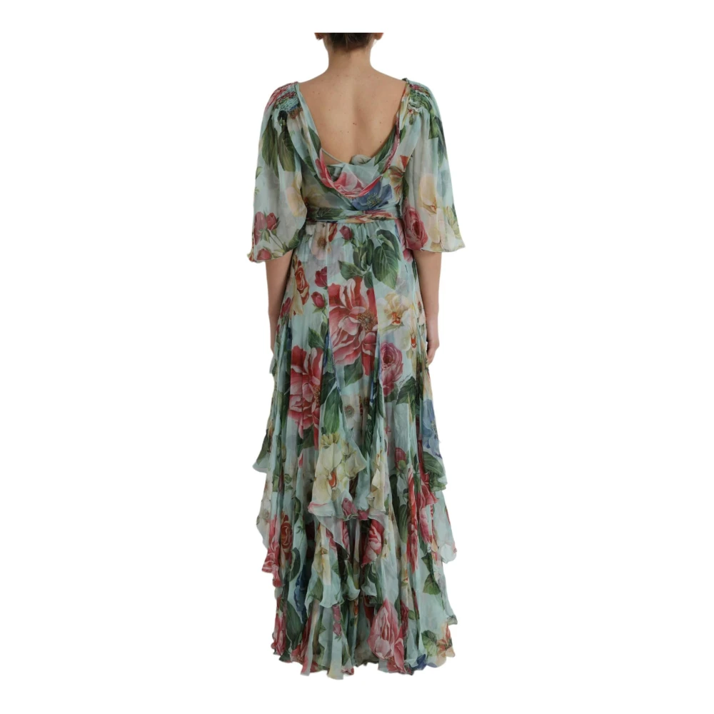Dolce & Gabbana Blauwe Bloemen Gelaagde Maxi Zijden Jurk Multicolor Dames