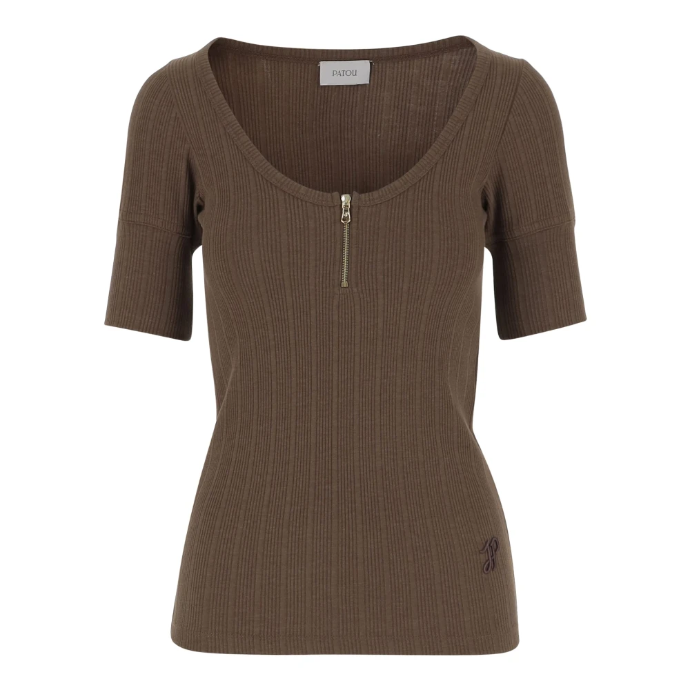 Patou Logo Gebreid T-shirt met Ritssluiting Brown Dames