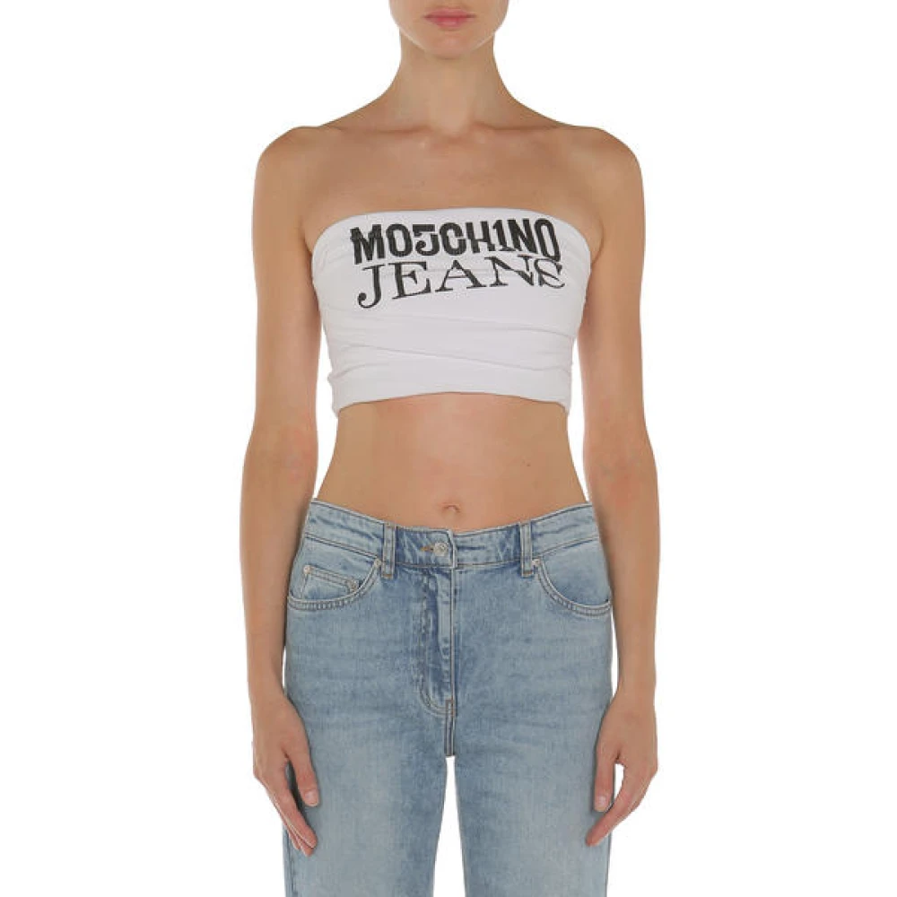 Moschino Logo Top Crop Print Wit Geribbeld White Dames