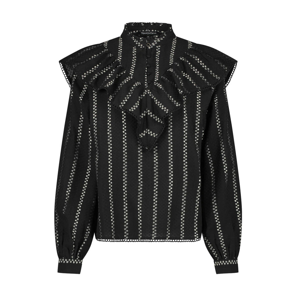 Tramontana Ruffle Dobby Top Korte Mouw Black Dames