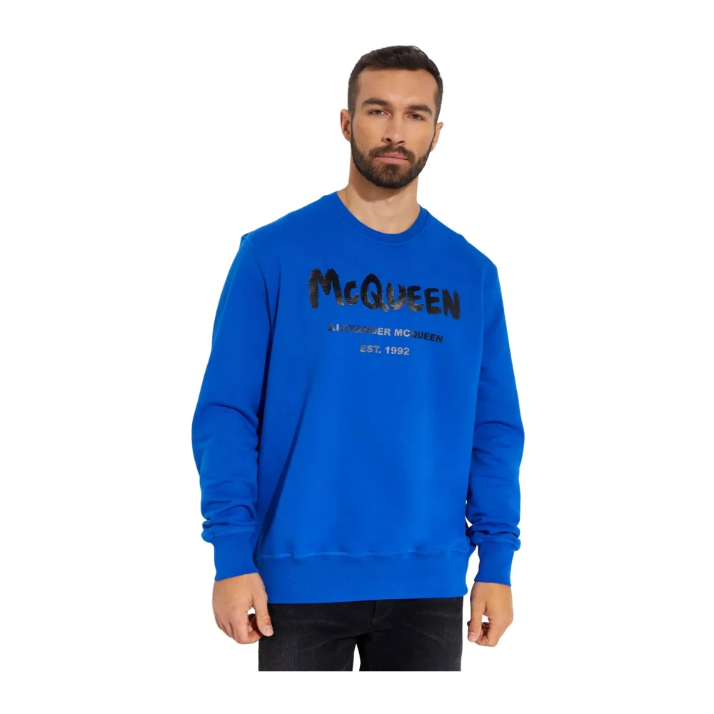 Alexander mcqueen Blauwe Logo Sweater Ronde Hals Geribbeld Blue Heren