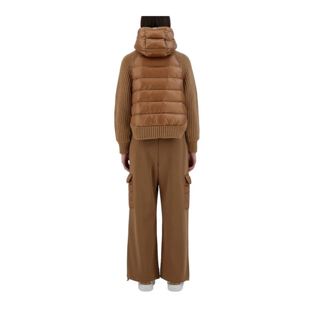 Herno Kameel Ribgebreide wollen jas met verendetails Brown Dames