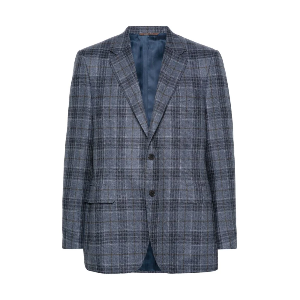 Canali Blauw geruit wol-zijde blend jas Blue Heren