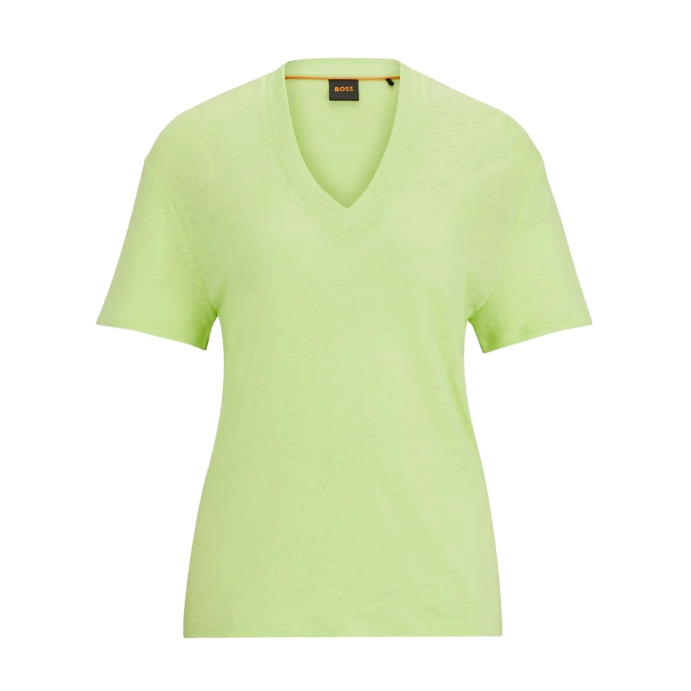 Boss Groene Linnen V-Hals T-Shirt Green Dames