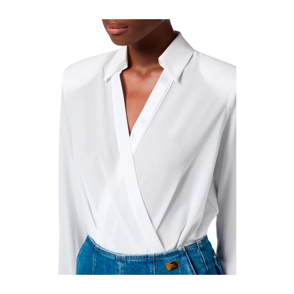 Elisabetta Franchi Georgette Jacquard Lettering Cross-Neck Shirt White Dames