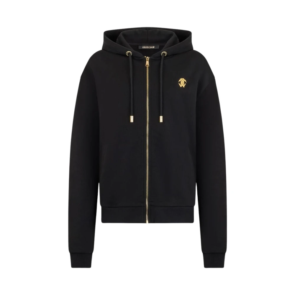 Roberto Cavalli Women's Black Zip-Throughs, S, Flaming Rose Print Sweatshirt Hoodie