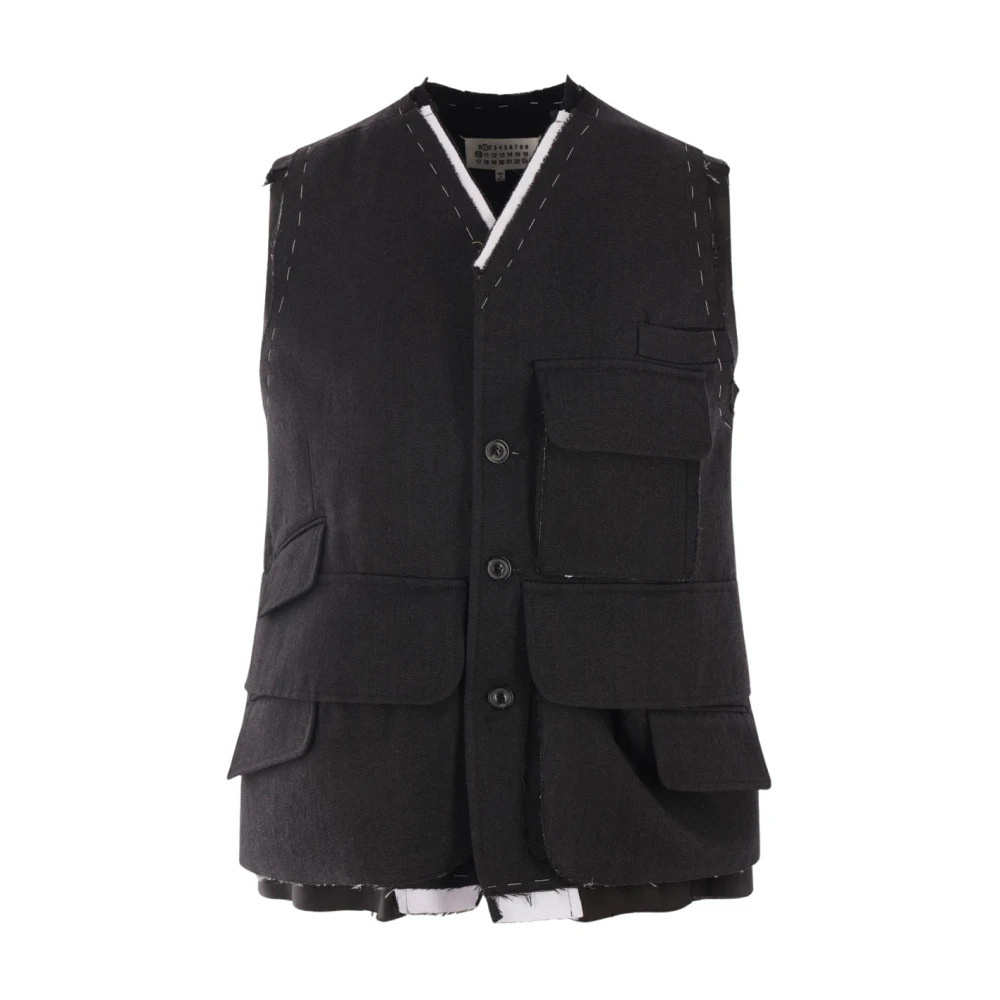 Maison Margiela Cargo Wollen Jas Grijs Contraststiksels Gray Dames