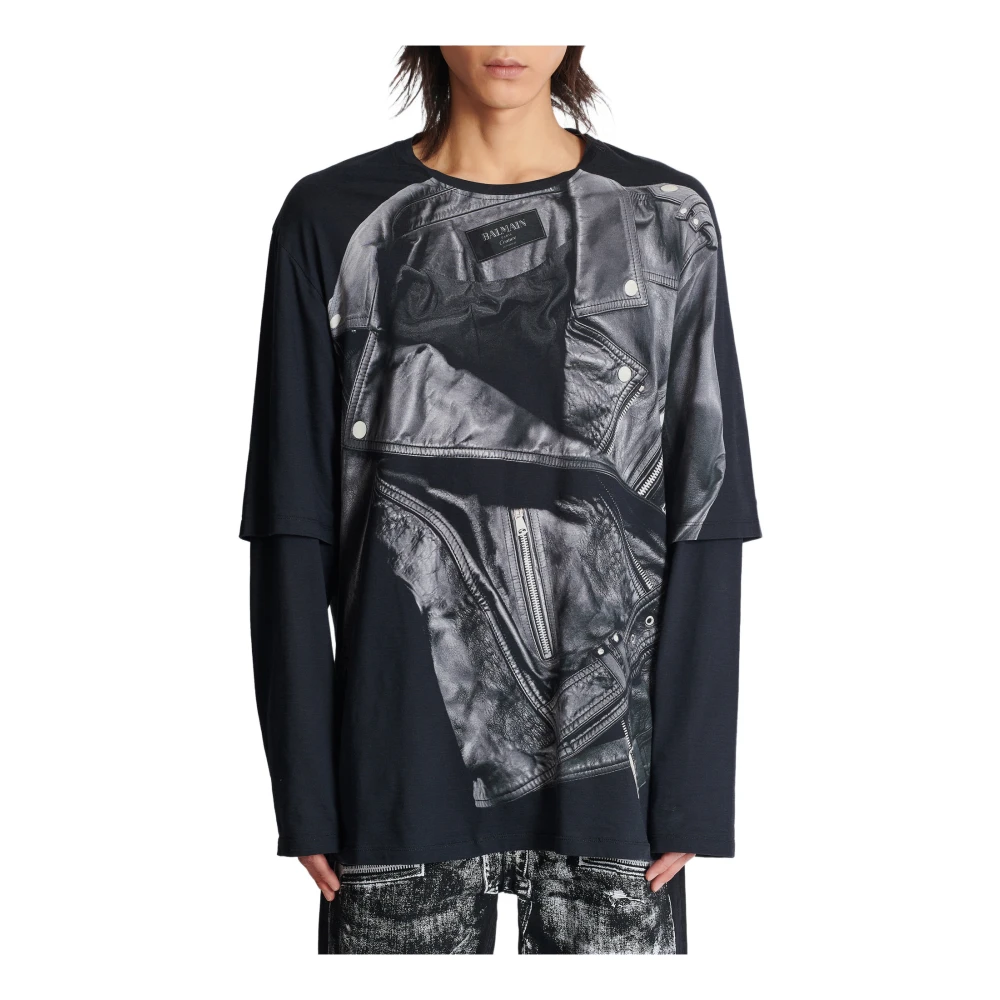 Balmain Leather Trompe L`Œil LS T-Shirt Black Heren