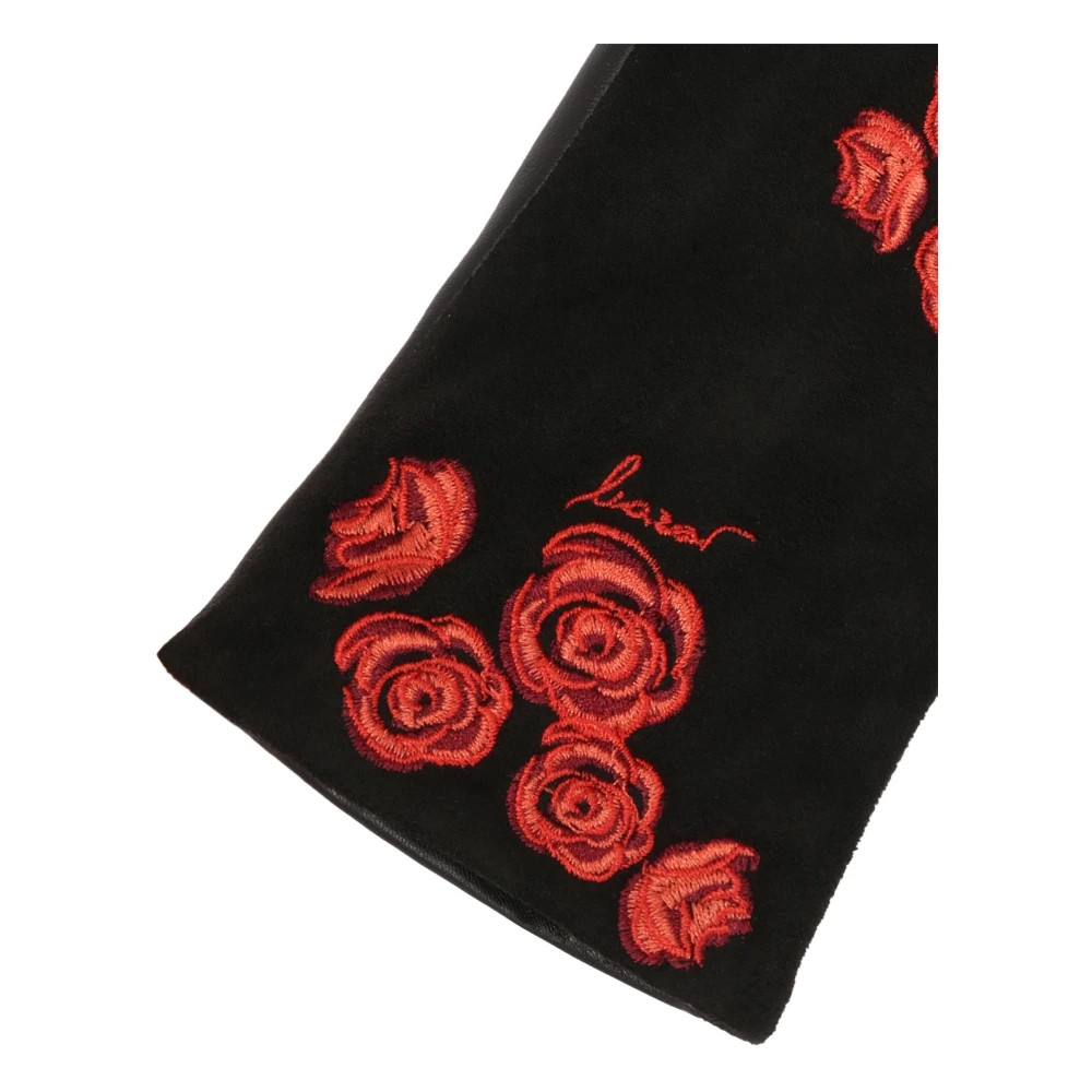 Kazar Elegante zwarte handschoenen met geborduurde rode bloemen Black Dames