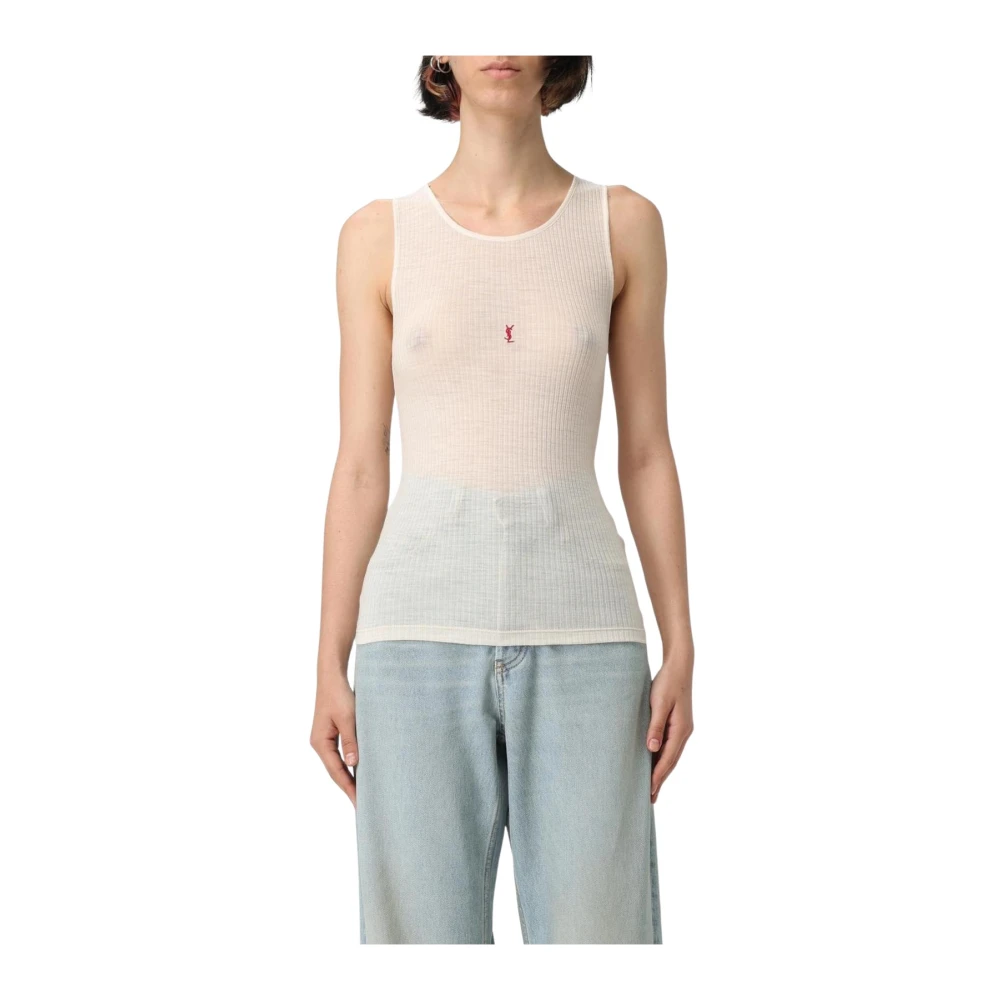 Saint Laurent Women's Beige Ribbed Tank Top