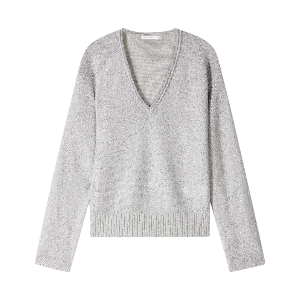 Patrizia Pepe Women's Gray V-Neck Jumper With Sequins - V-Neck Knitwear - L - Knitwear