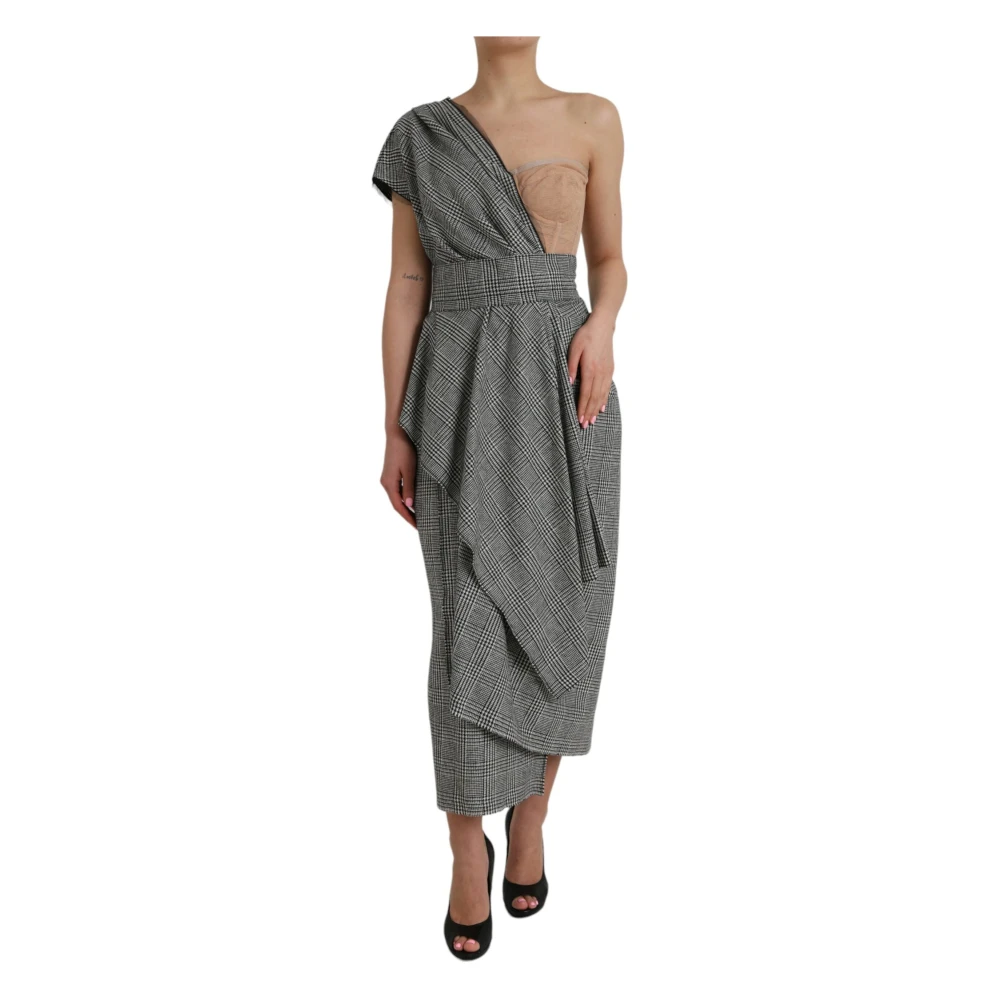 Dolce & Gabbana Women's Gray Midi Dresses, 2XL, Checkered One-Shoulder Maxi Dress