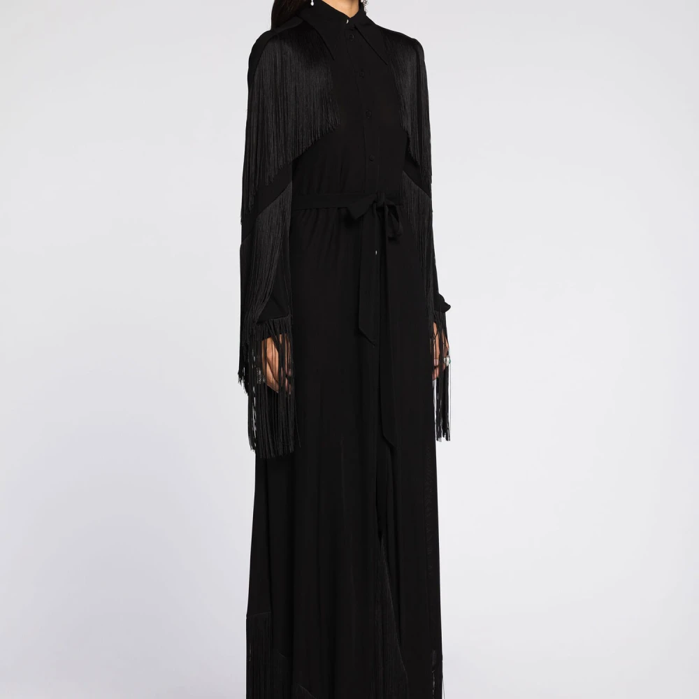 Roberto Cavalli Fringed Maxi Jurk met Punt Kraag Black Dames