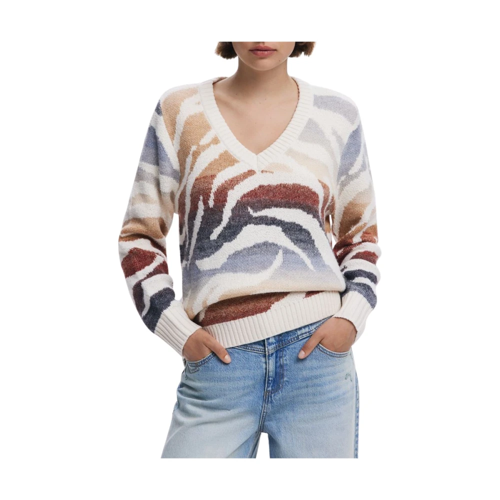 Desigual Women's Multicolor V-Neck Knitwear, Xs, White Jumper Trendy V-Neck