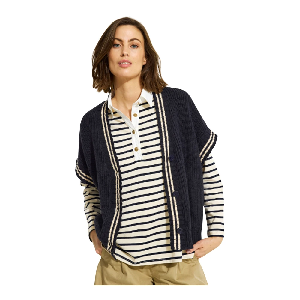 IN Front Navy Gestreepte Gebreide Vest met Knopen Blue Dames