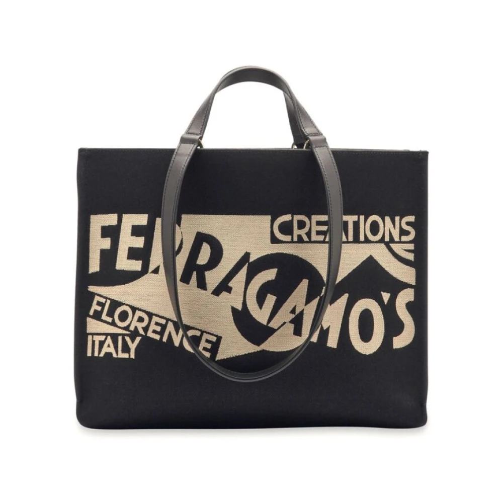 Salvatore Ferragamo Raffia Leren Tote Tas met Logo Black Dames